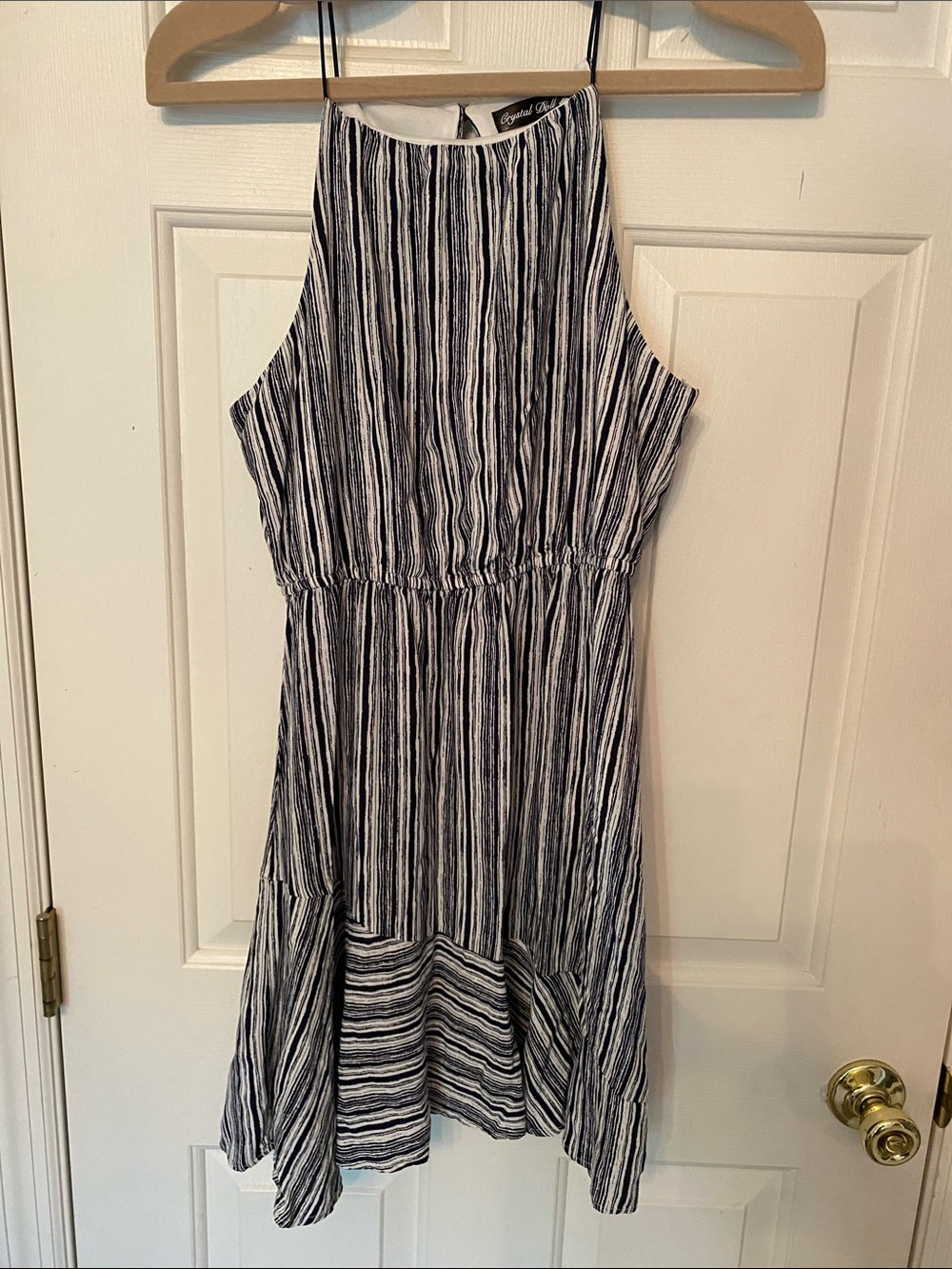 Crystal Doll Black & White Striped Halter Midi Dress
